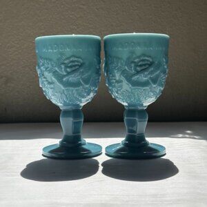 PAIR of Madonna Inn Fenton Goblets – Wright Wild Rose Pattern – Large Heavy 6.5”